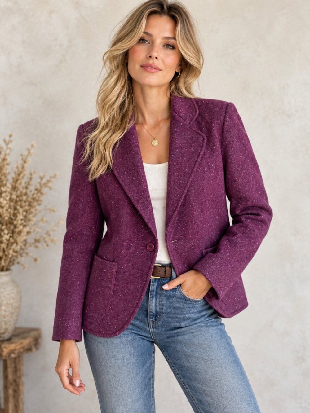 Vintage Rodier Paris Purple Tweed Wool Blazer 46/XL